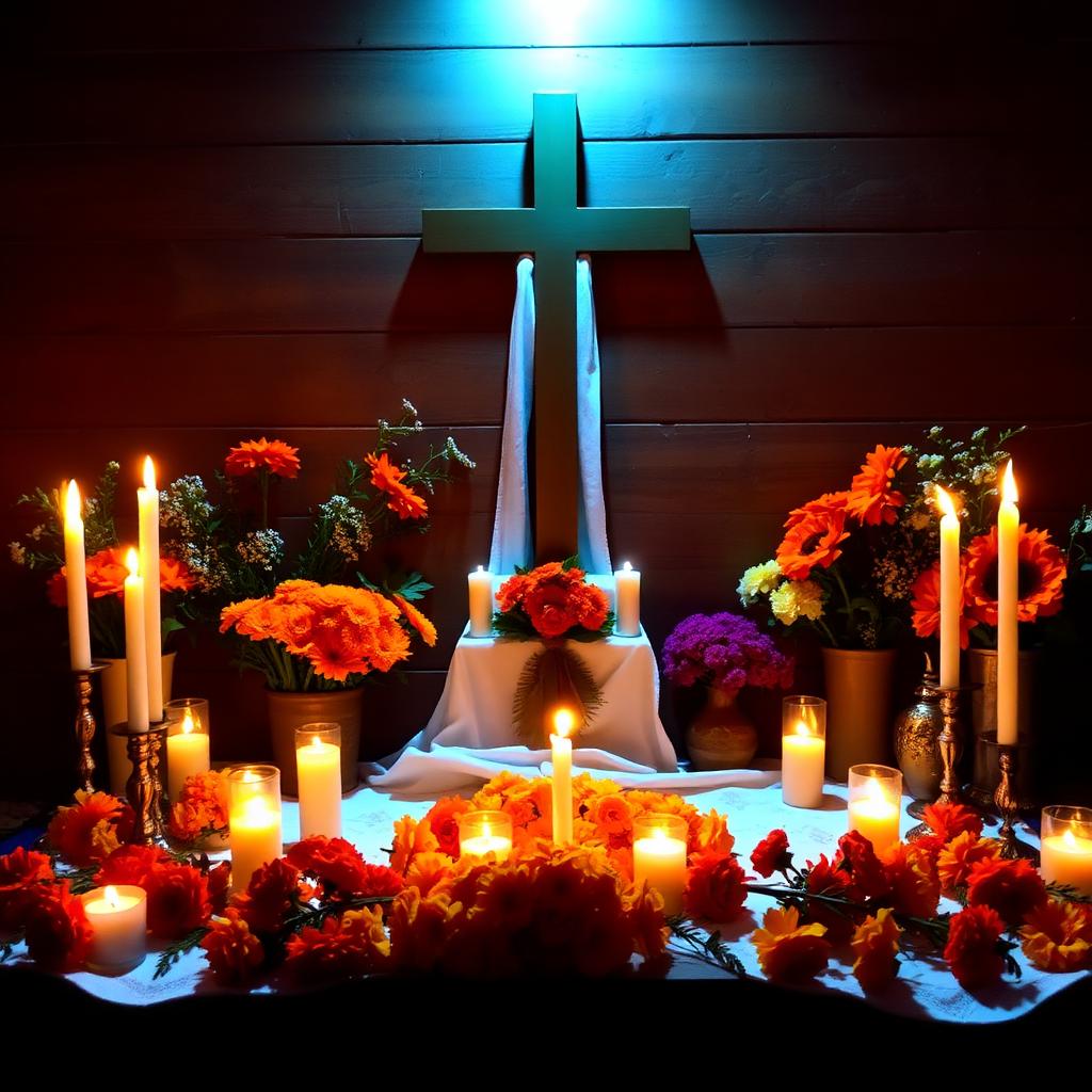 Altar tradicional con flores y velas